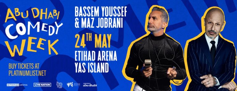 Bassem Youssef and Maz Jobrani at Etihad Arena in Abu Dhabi